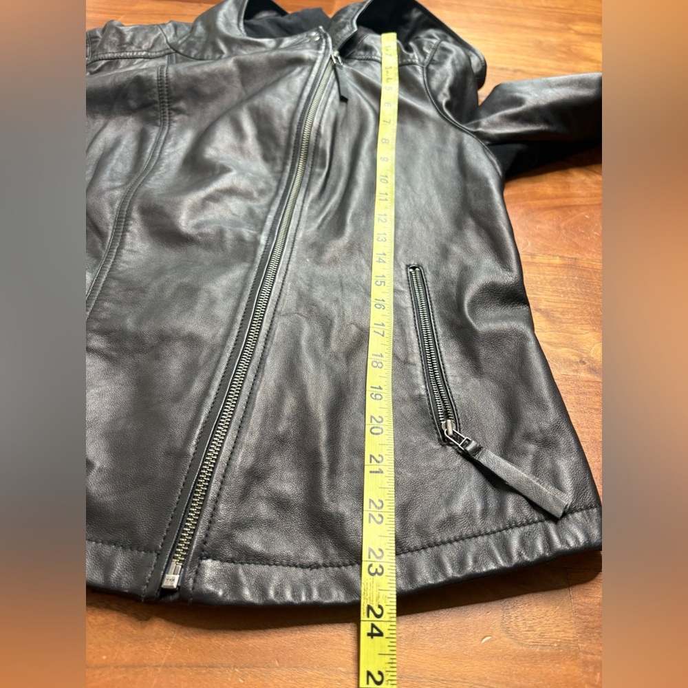 Hinge Black Leather Hooded Moto Jacket Asymmetrical Zip - Picture 9 of 9